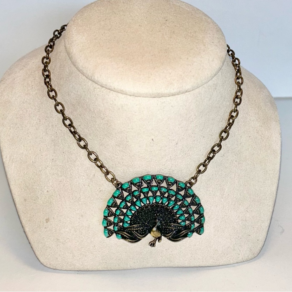 Vintage Antique Bronze and Turquoise Toned Peacock Pendant Necklace